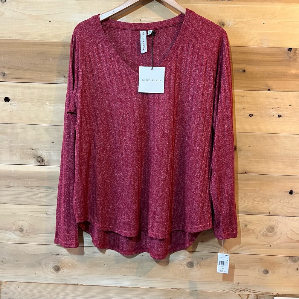 Grace & Karma burgundy long sleeve ribbed tunic shirt NWT
